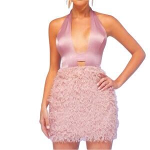 Sexy Plunge Neck Cutout  Halter Backless Pink Feather Prom Mini Dress